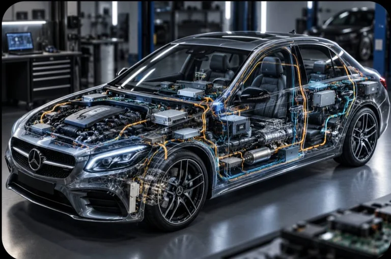 Ilustración de la electrónica del automóvil en un Mercedes-Benz